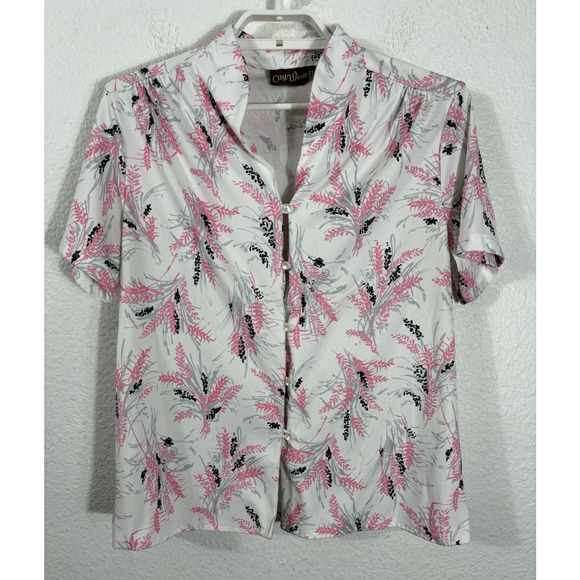 Vintage 80s Top Size M Pink Floral Short Sleeve Polyester Button Up - Picture 1 of 10
